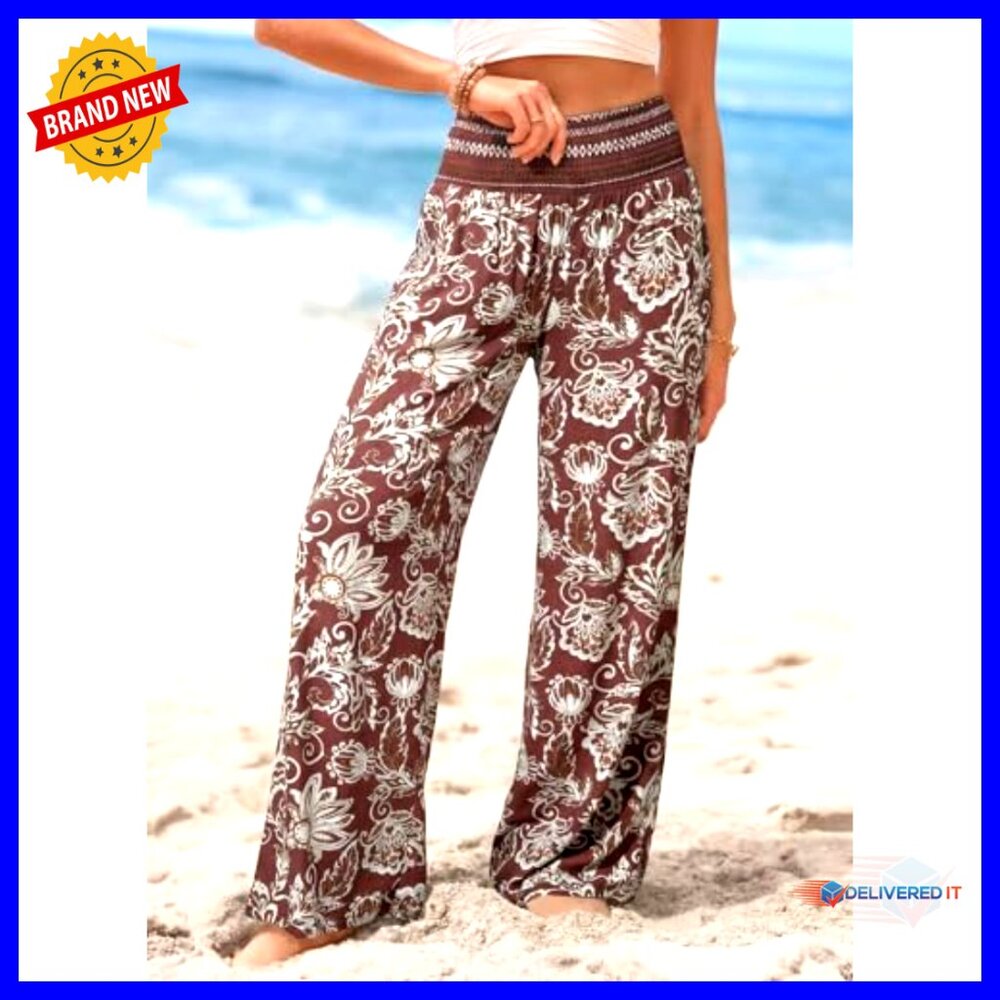 Wide Leg Palazzo Pants Smocked Waist Casual Loose Fit with Pockets - Picture 5 of 6
